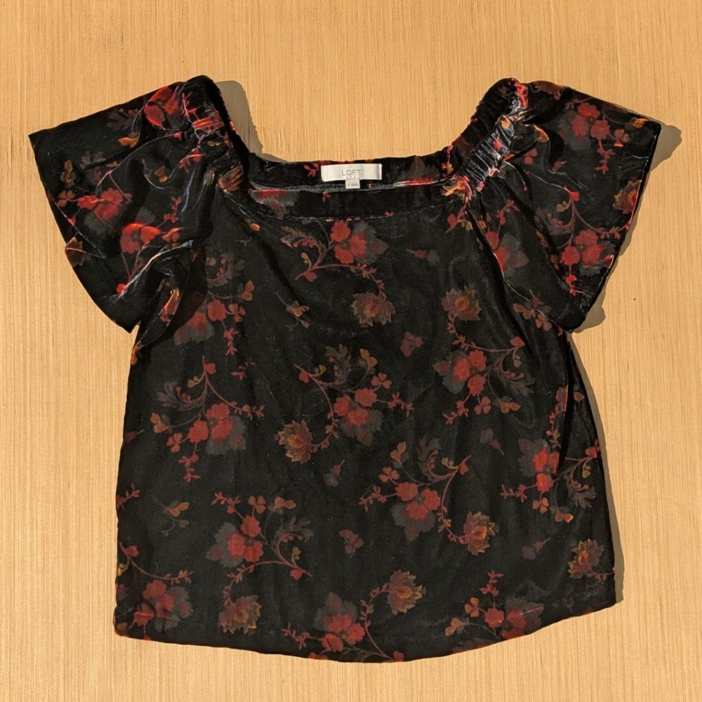 Loft Blouse Dark Floral Whimsygoth Black Velvet Feminine Bardot Top Women Small